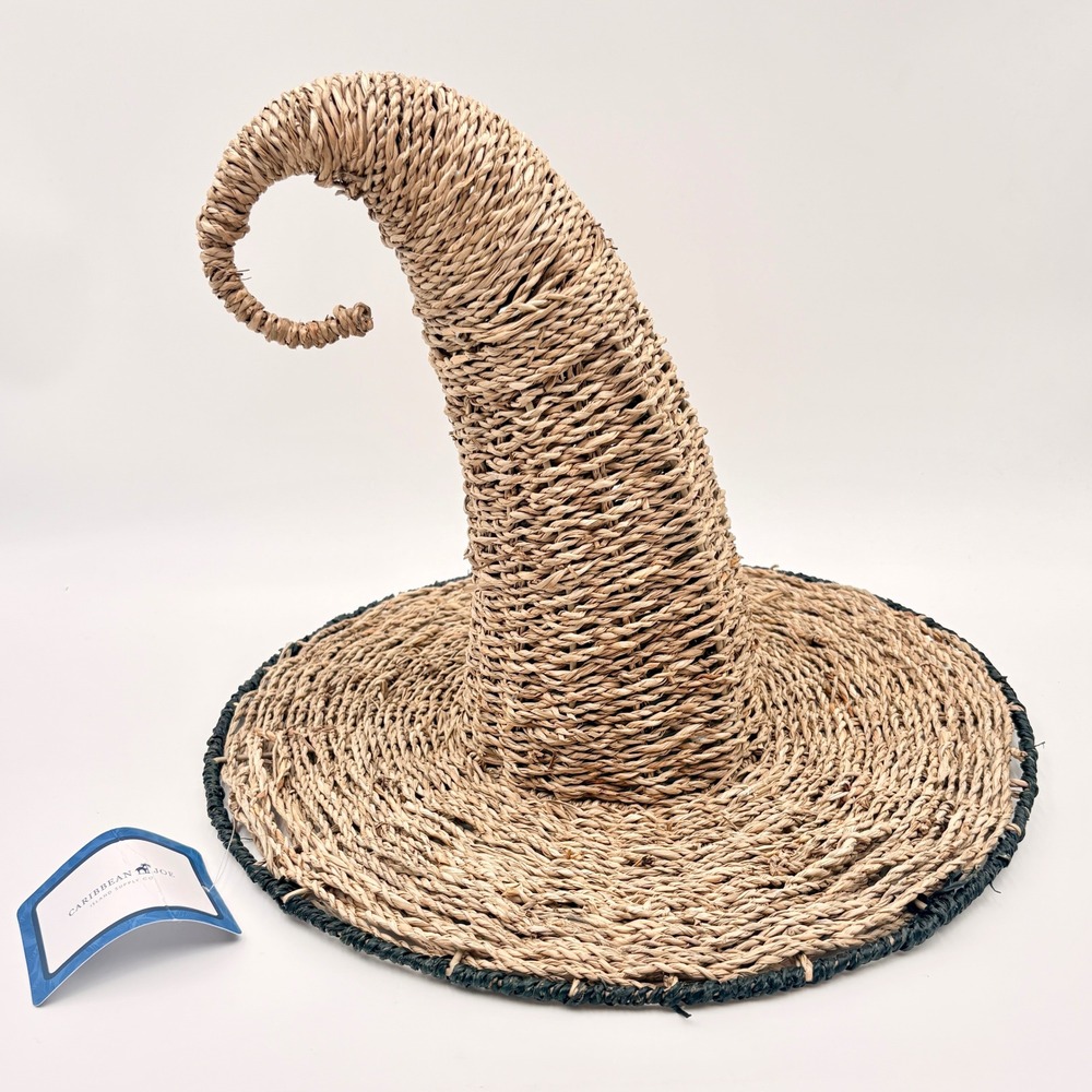 Caribbean Joe Natural Straw Curled Halloween Witch Hat Wide Brim Whimsical Decor